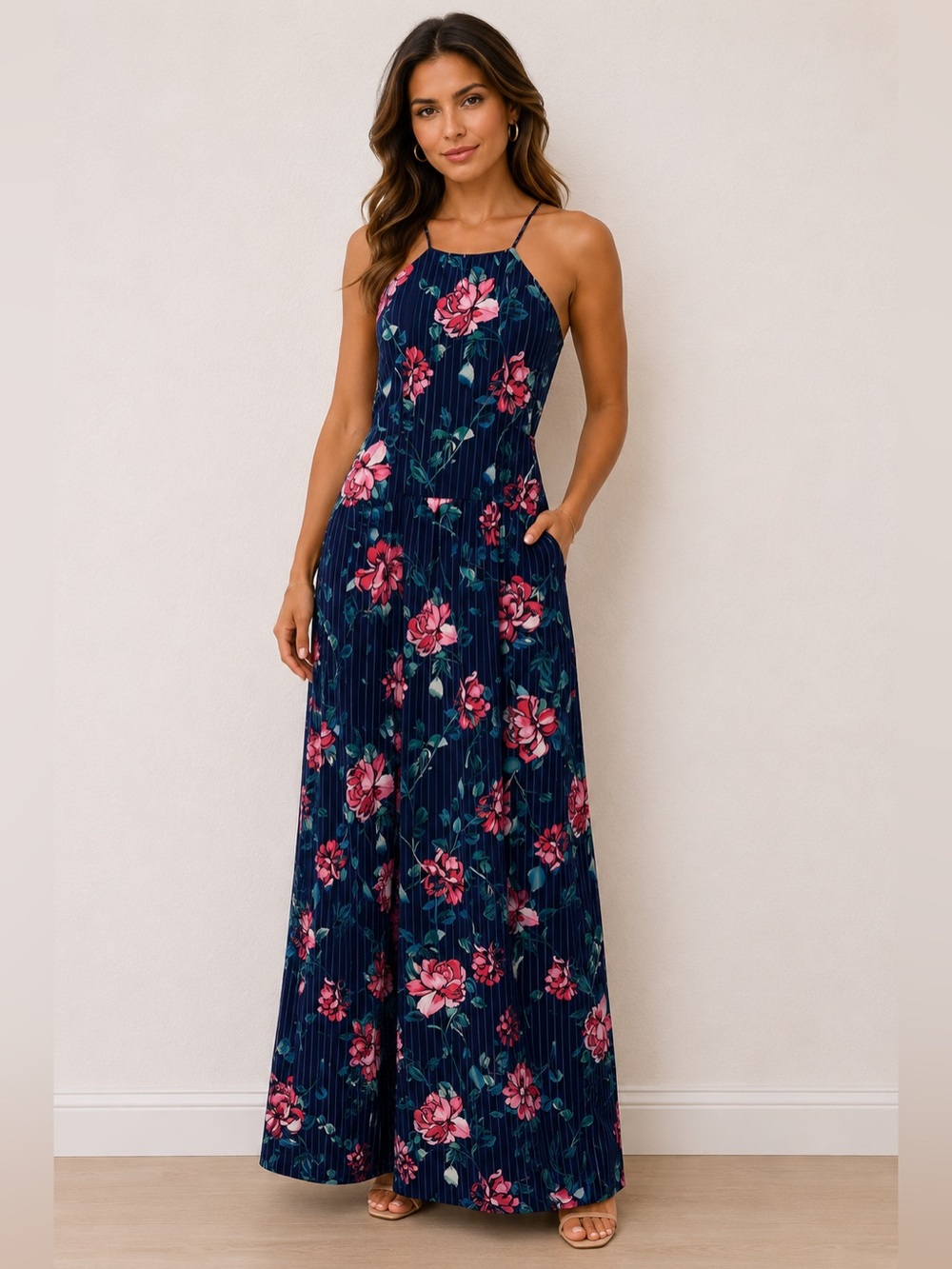 Floral Halter Neck Maxi Dress | Navy Pink | Size Small Worn ONCE